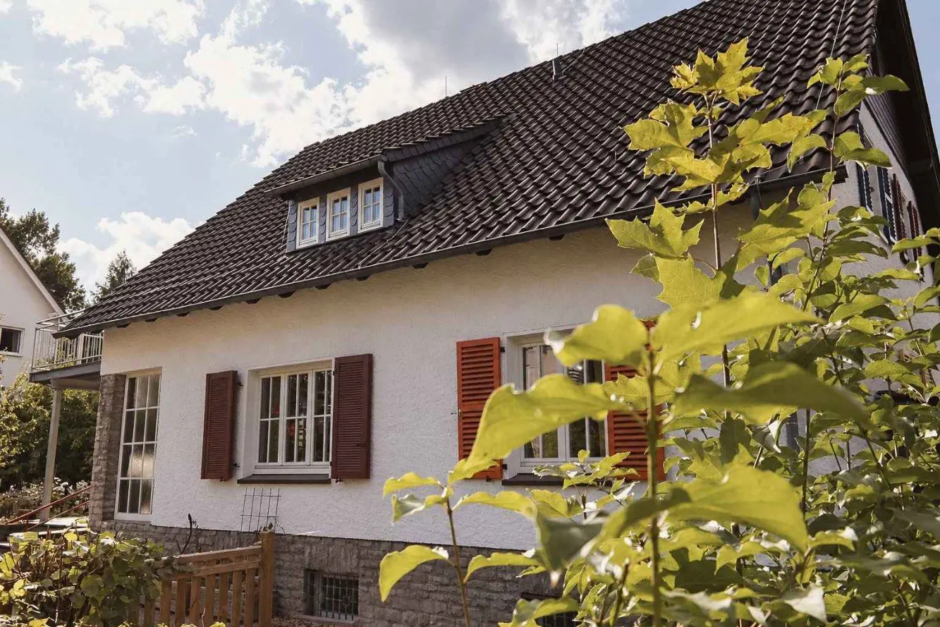 Hausfassade mit roten Fensterläden, davor Blätter eines Strauchs