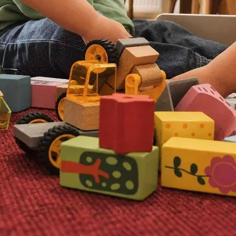 Holzbagger und bunte Bausteine auf einem roten Teppich